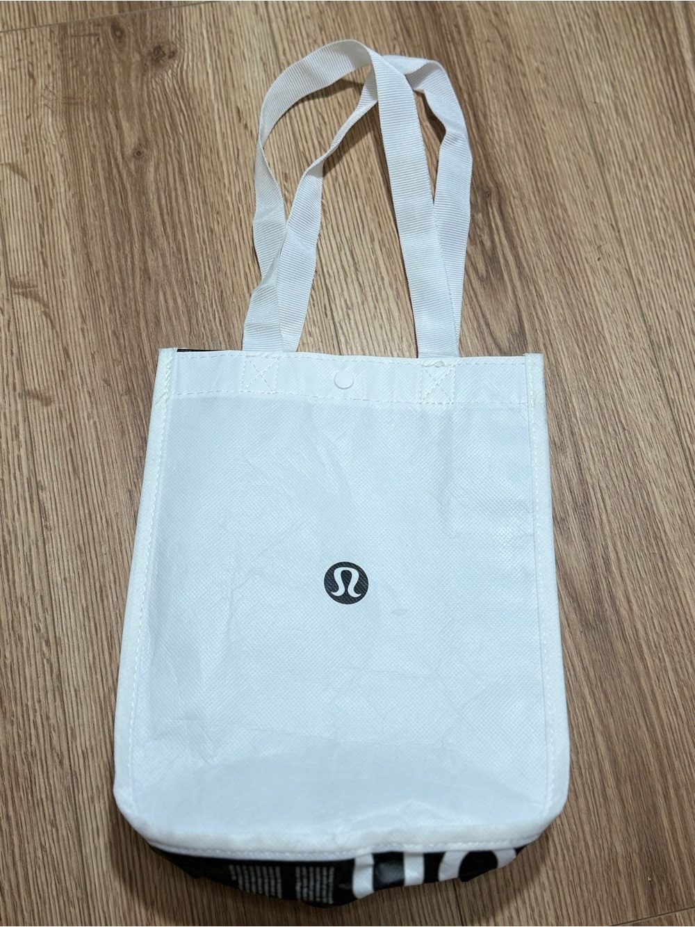 Lululemon Reusable Shopping Tote Bag Small White Black Logo Snap Closure